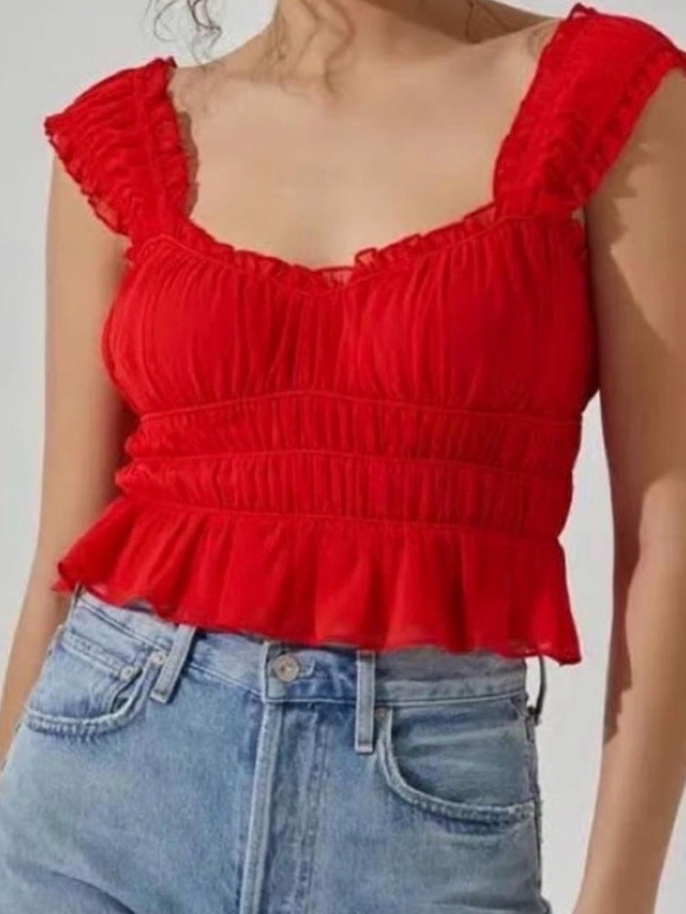 ASTR Red Smocked Peplum Crop Top Ruffle Sweetheart Neck Bustier Cami XL Boho